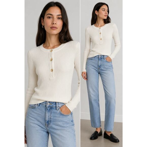Club Monaco Sweaters - Club Monaco Henley Ottoman Top Size S Long Sleeve Crew Neck Ecru Coastal Soft